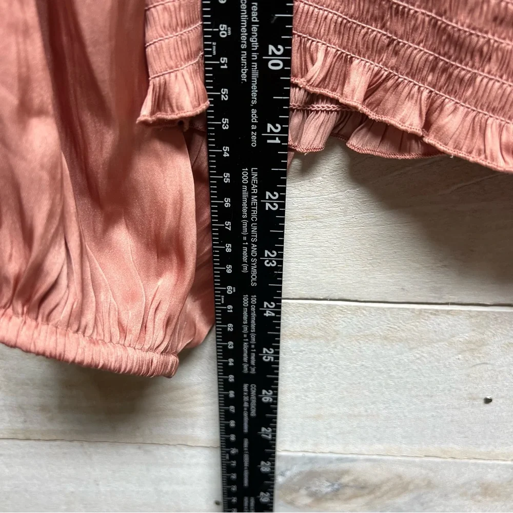 J Crew Top Womens XL Pink Satin Square Neck Smocked Puff‎ Sleeve Crop Boho